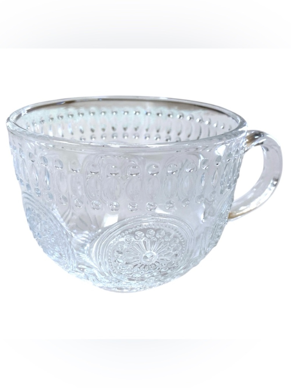 Set Of 4 Clear Flower Medallion Textured Glass Mugs 16 oz Boho Tea Cups NIB